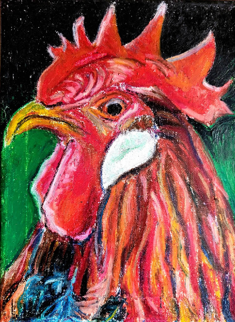 Janadi-Gonzalez-Cockadoodle-7x9.5-oil-pastel-on-canvas