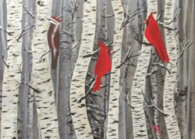 Birch Forest Cardinals and Woodpecker by Maurice Gareau